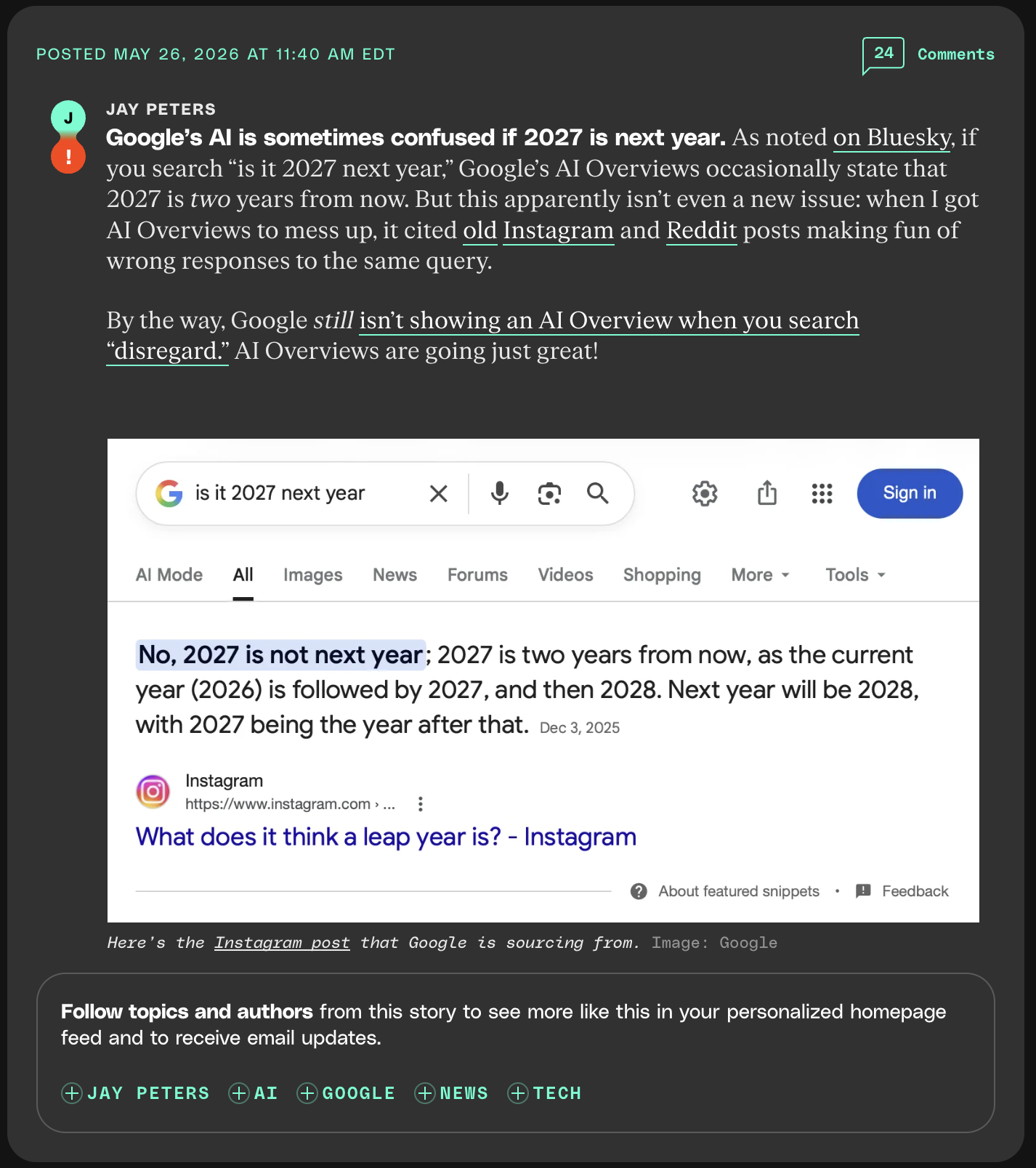 Exhibit A for "their products don't work": in 2026, Google's AI Overview still can't reliably tell you that 2027 is next year. <em>Source: The Verge (note 1).</em><br>